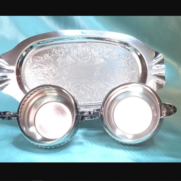 Viking Plate Silver Creamer, Sugar Bowl & Tray Set - Canadian Made - Picture 3 of 11